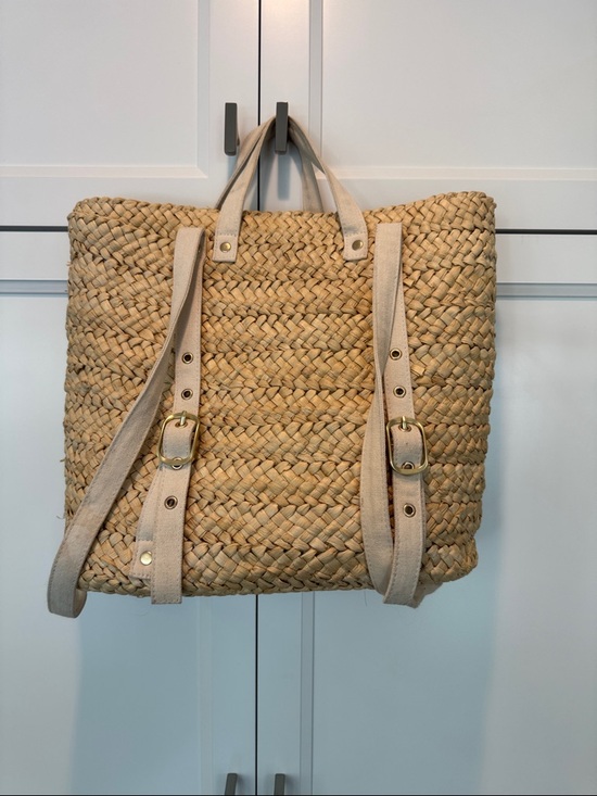 Handbags - Natural Woven Straw Tote with Beige Canvas Straps